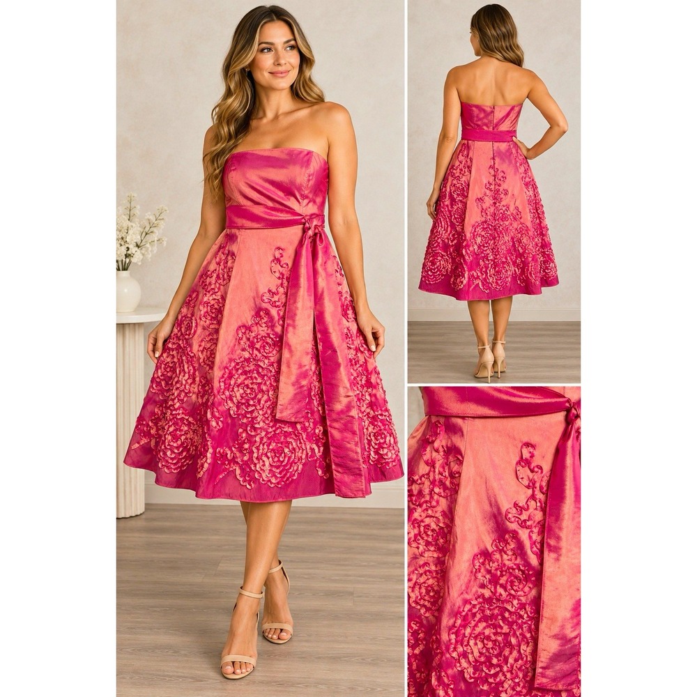 Adrianna Papell Boutique Strapless Pink Floral Taffeta Dress, Size 10